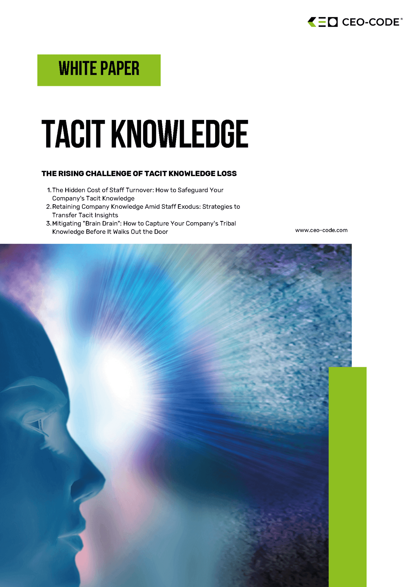 Cover of white paper on tacit knowledge with abstract design and company branding.