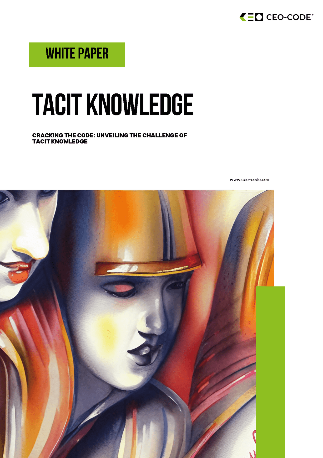 White paper cover with abstract illustration and text about tacit knowledge, featuring colorful faces.