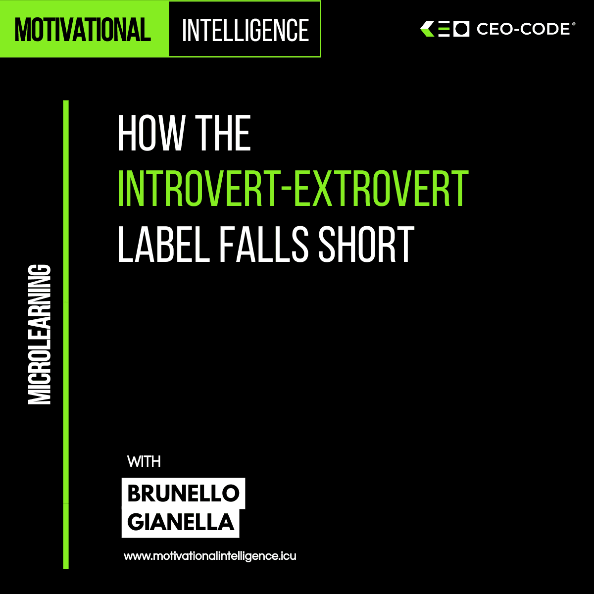 Motivational Intelligence graphic on introvert-extrovert labels featuring Brunello Gianella.